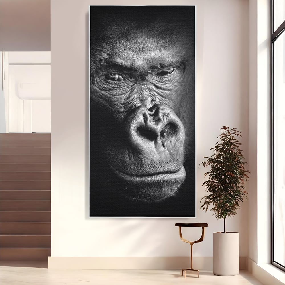 Tablou canvas cu tablou canvas cu portret de gorila, in rama de aluminiu argintiu
